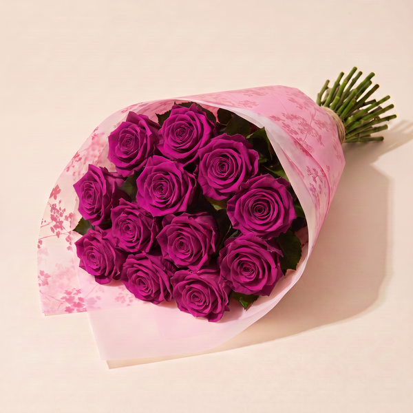 Dozen preserved roses in pink floral wrap - Plum
