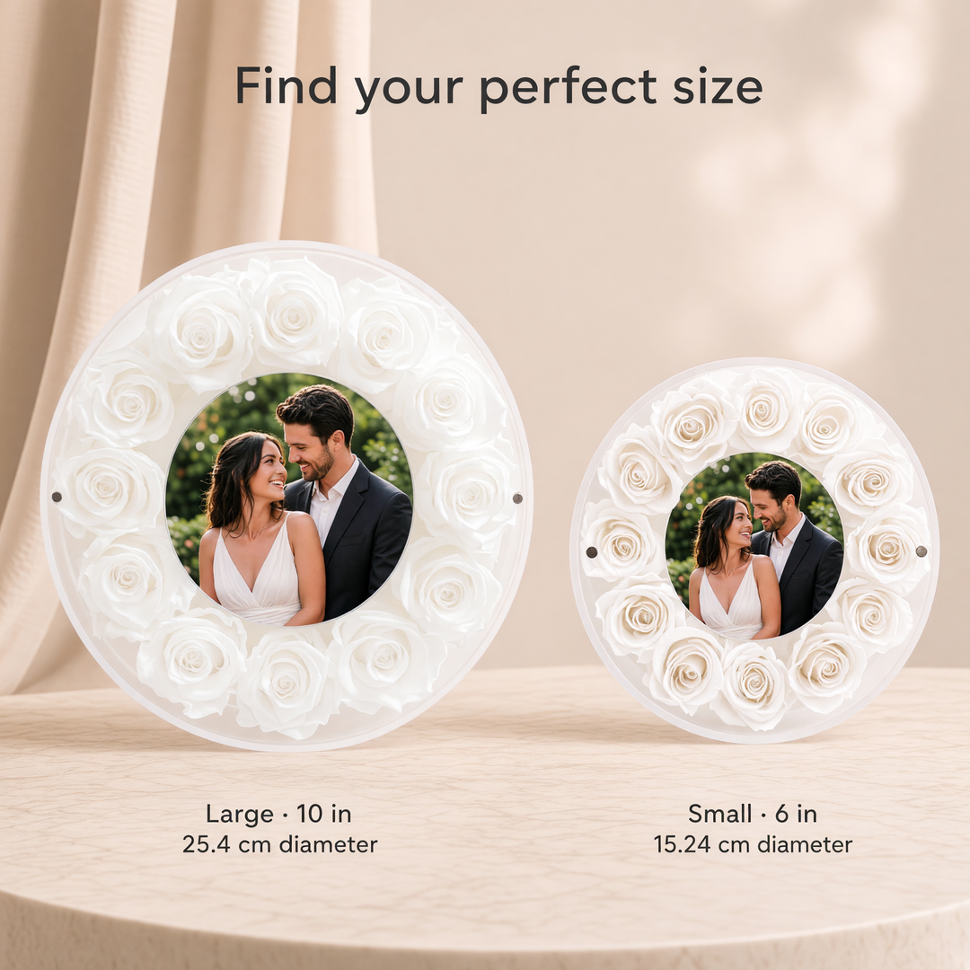 Large 10-inch and Small 6-inch preserved rose photo frames shown side by side