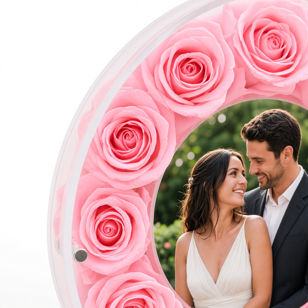 Close-up of pink preserved roses in the Large acrylic photo frame