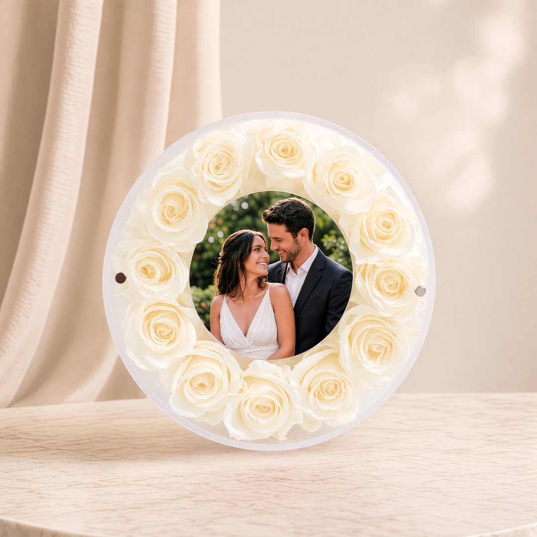 Small 6-inch round acrylic photo frame with cream preserved roses, front view