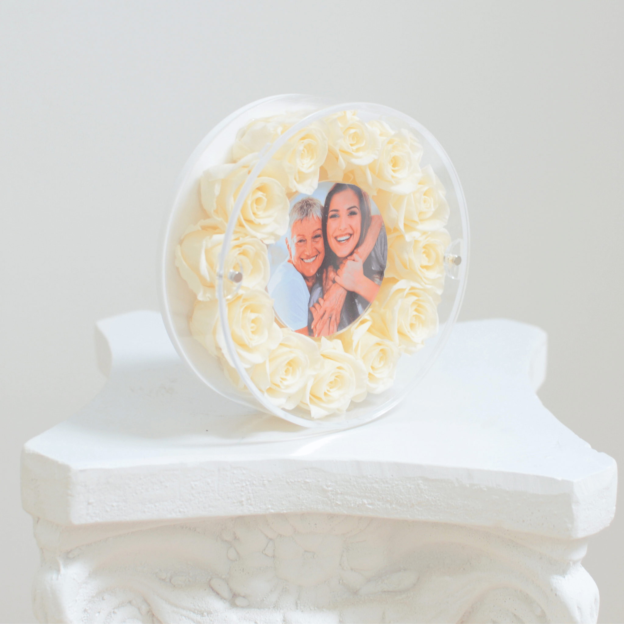 cream preserved roses inside of an acrylic round picture frame