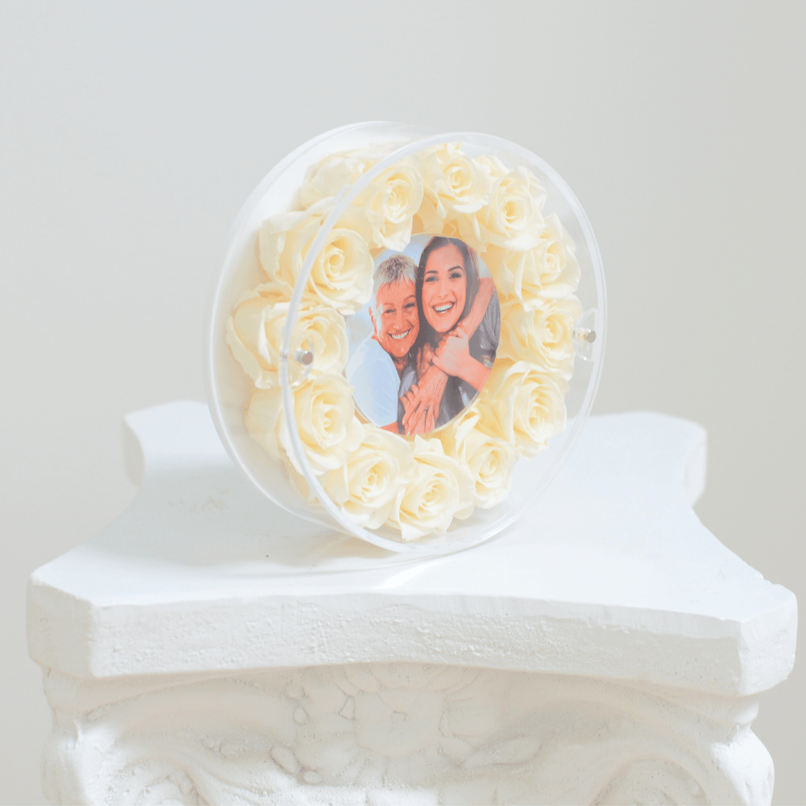 cream preserved roses inside of an acrylic round picture frame