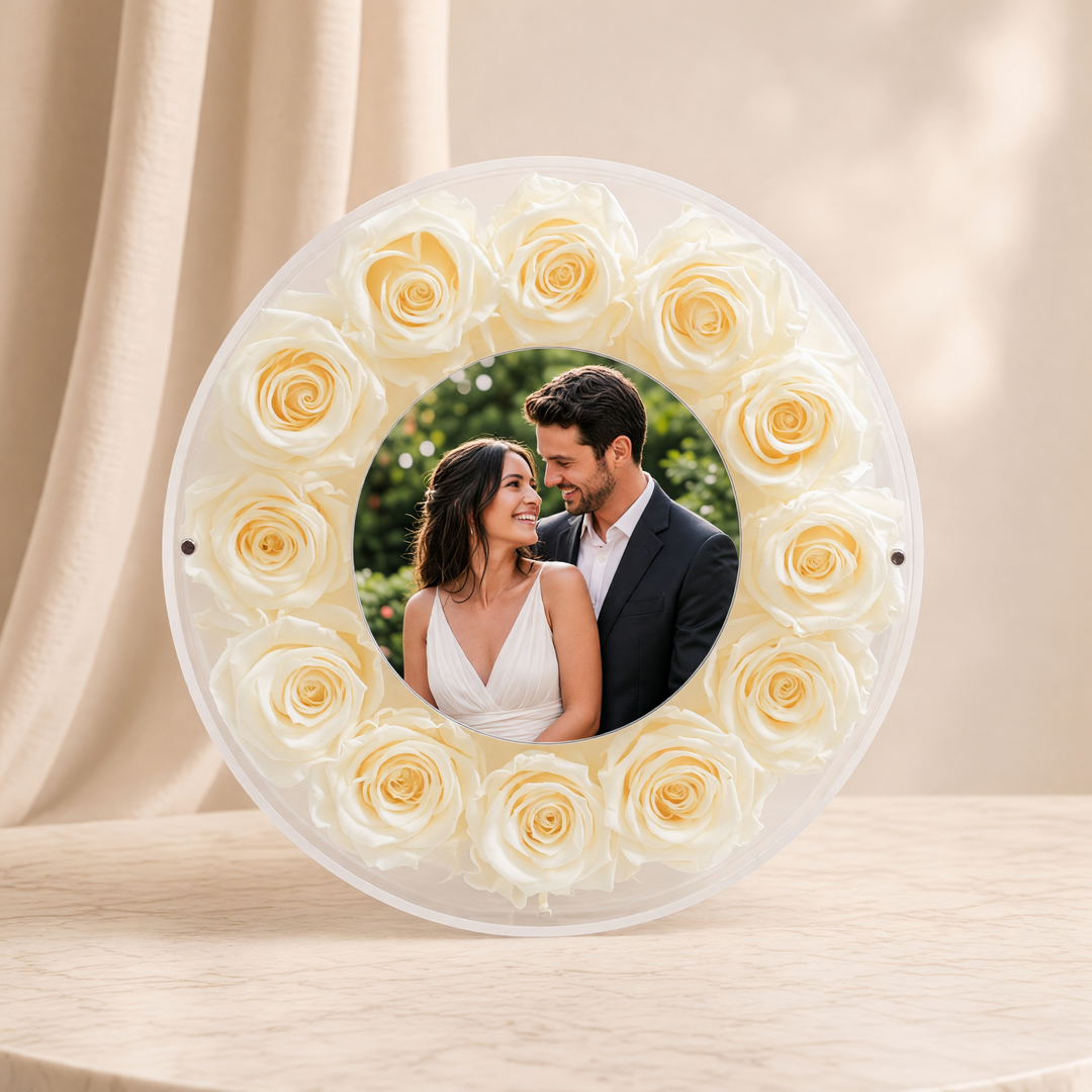 Large 10-inch round acrylic photo frame with cream preserved roses, front view