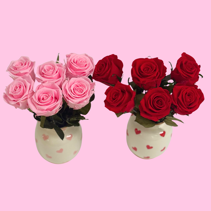 Preserved Roses in Ceramic Vase with Hand-Painted Hearts for Valentine’s Day