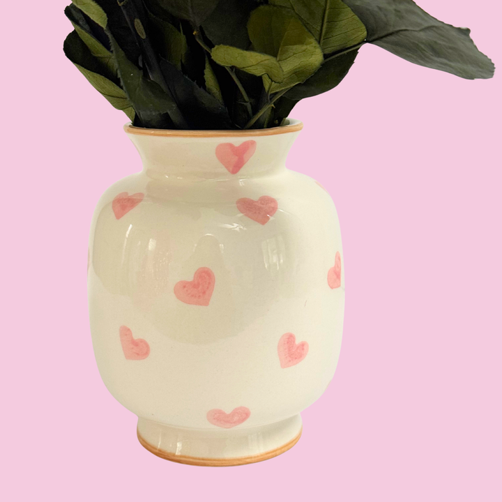 Preserved Roses in Ceramic Vase with Hand-Painted Hearts for Valentine’s Day