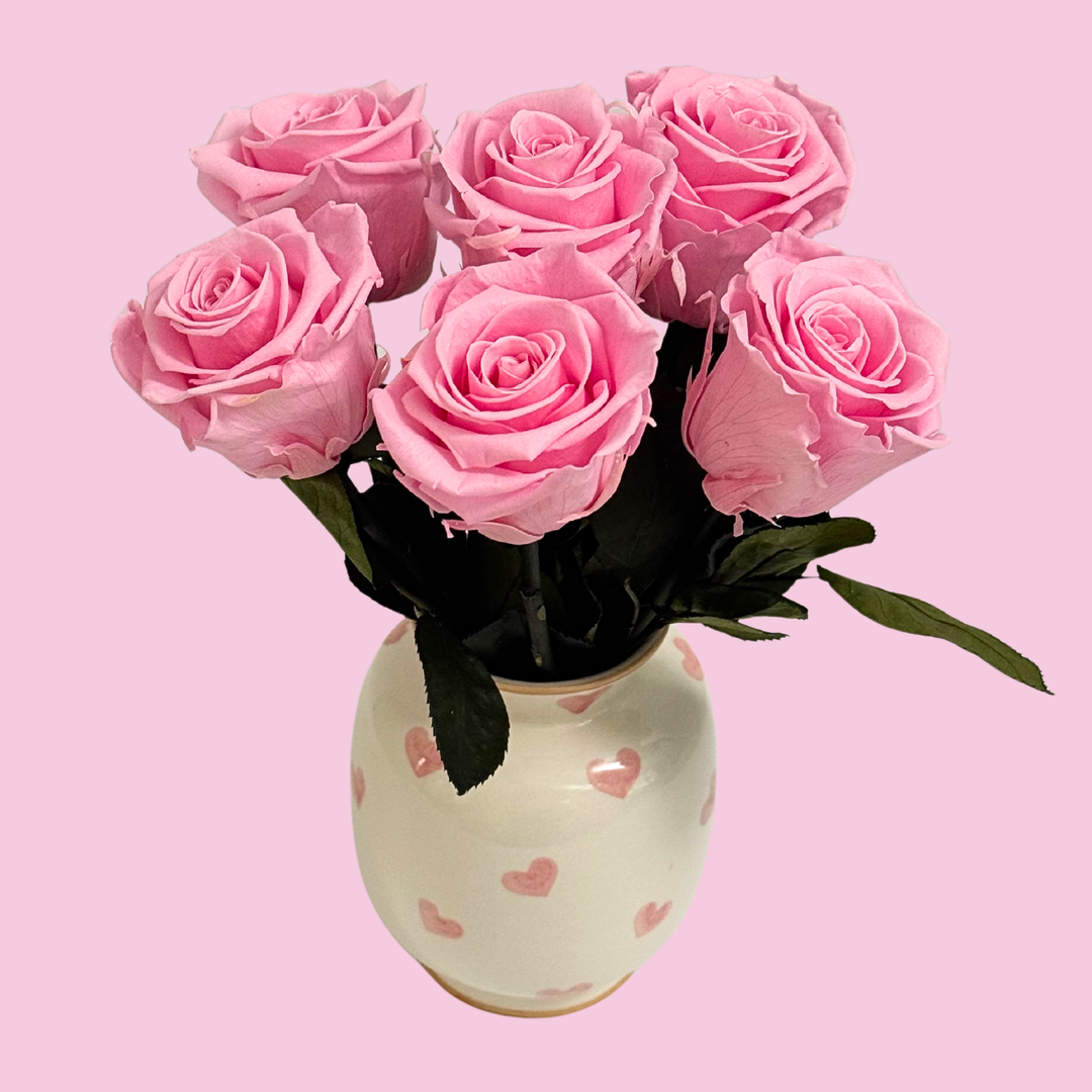 Preserved Roses in Ceramic Vase with Hand-Painted Hearts for Valentine’s Day