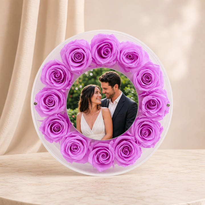 Large 10-inch round acrylic photo frame with lilac preserved roses, front view