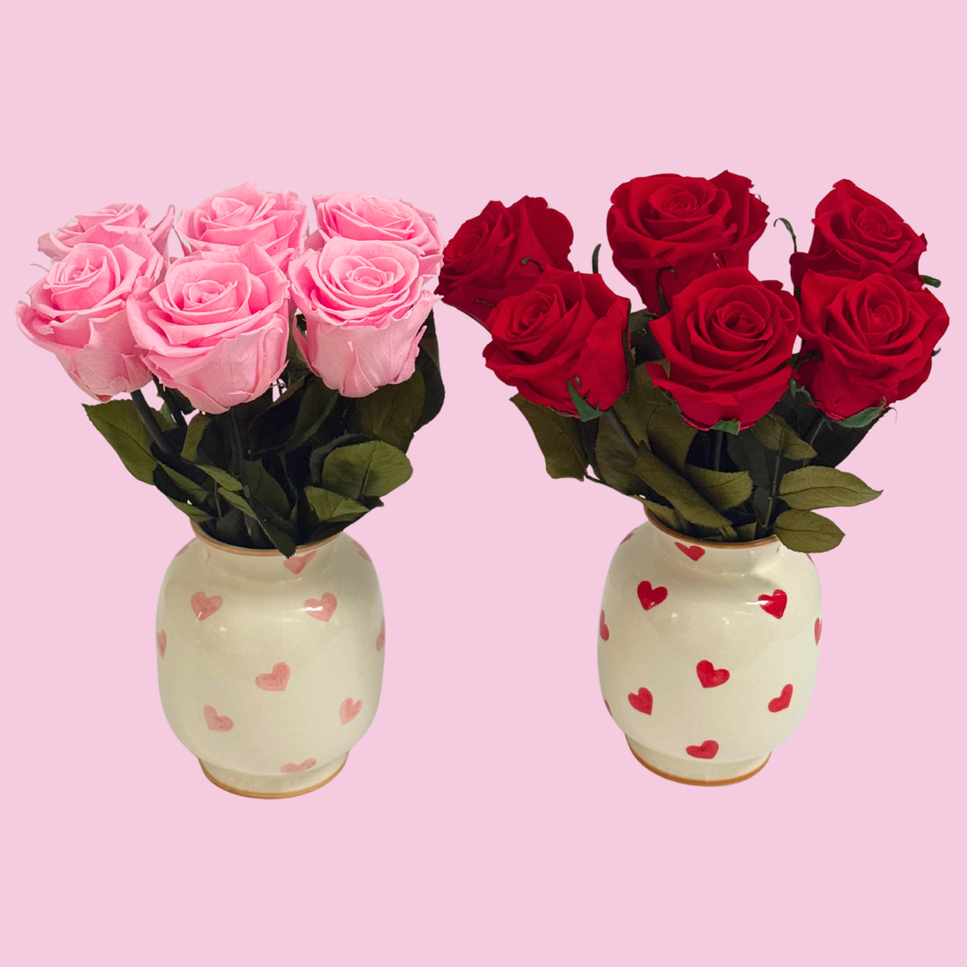 Preserved Roses in Ceramic Vase with Hand-Painted Hearts for Valentine’s Day