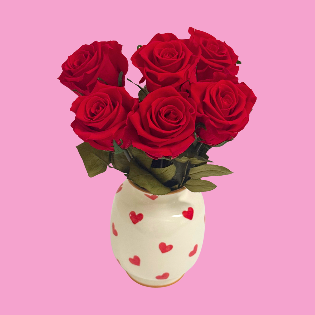 Preserved Roses in Ceramic Vase with Hand-Painted Hearts for Valentine’s Day
