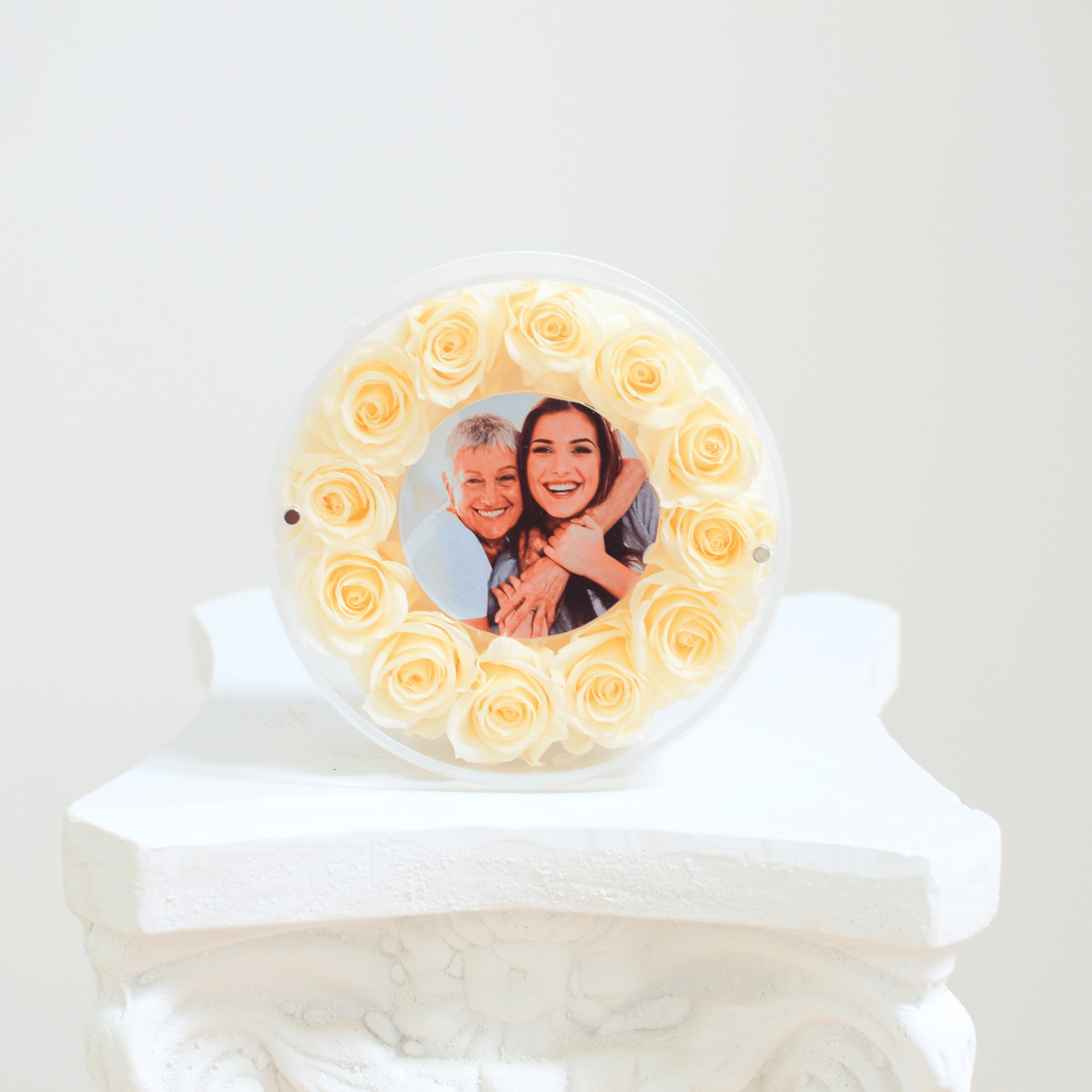 cream preserved roses inside of an acrylic round picture frame