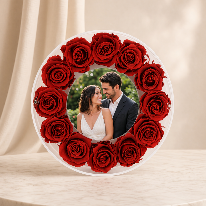 Large 10-inch round acrylic photo frame with red preserved roses, front view