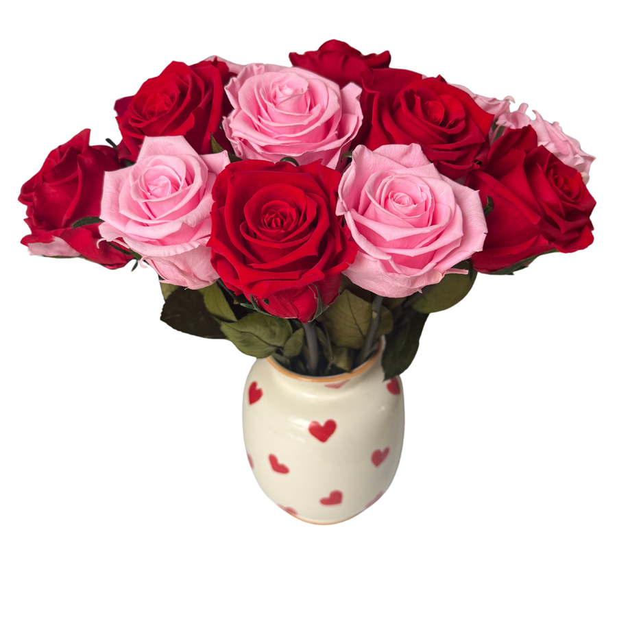Preserved Roses in Ceramic Vase with Hand-Painted Hearts for Valentine’s Day