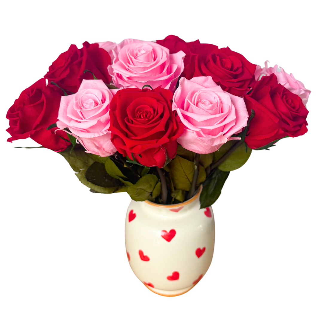 Preserved Roses in Ceramic Vase with Hand-Painted Hearts for Valentine’s Day