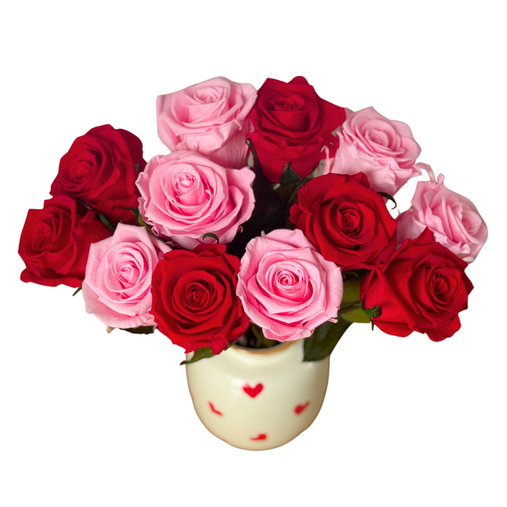 Preserved Roses in Ceramic Vase with Hand-Painted Hearts for Valentine’s Day