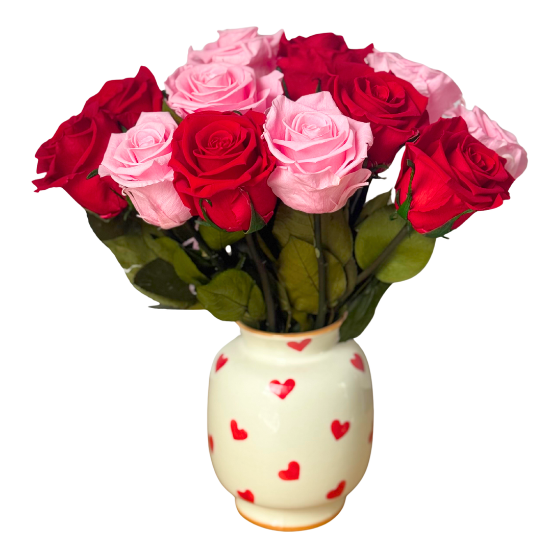 Preserved Roses in Ceramic Vase with Hand-Painted Hearts for Valentine’s Day