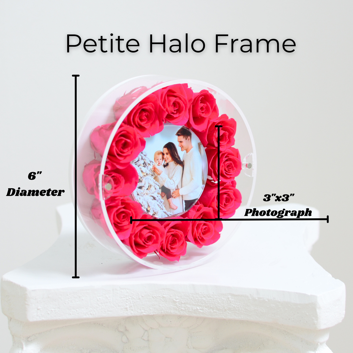 Petite halo frame with pink roses and a photograph of a couple on a white background