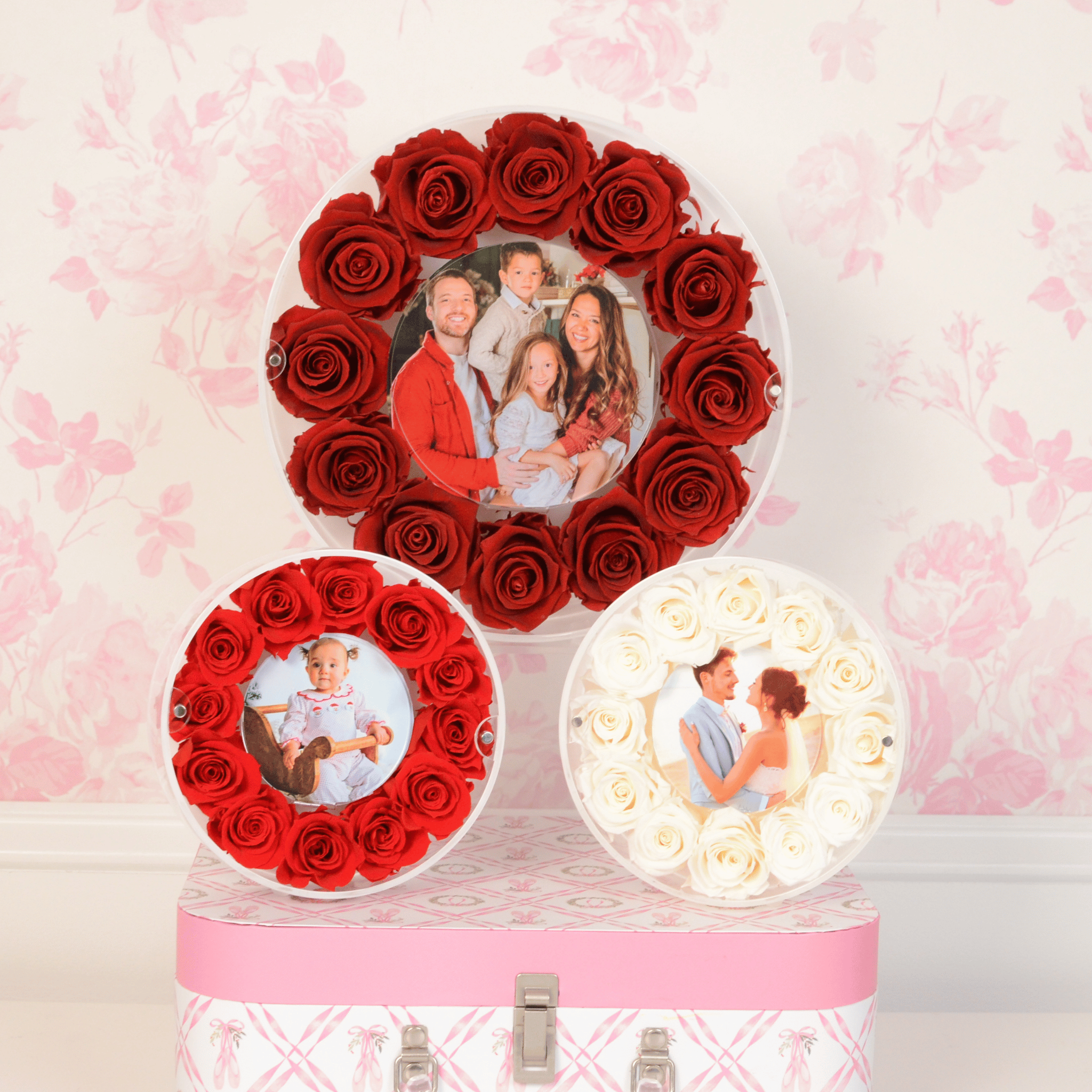 Custom baby photo gift with preserved pink roses