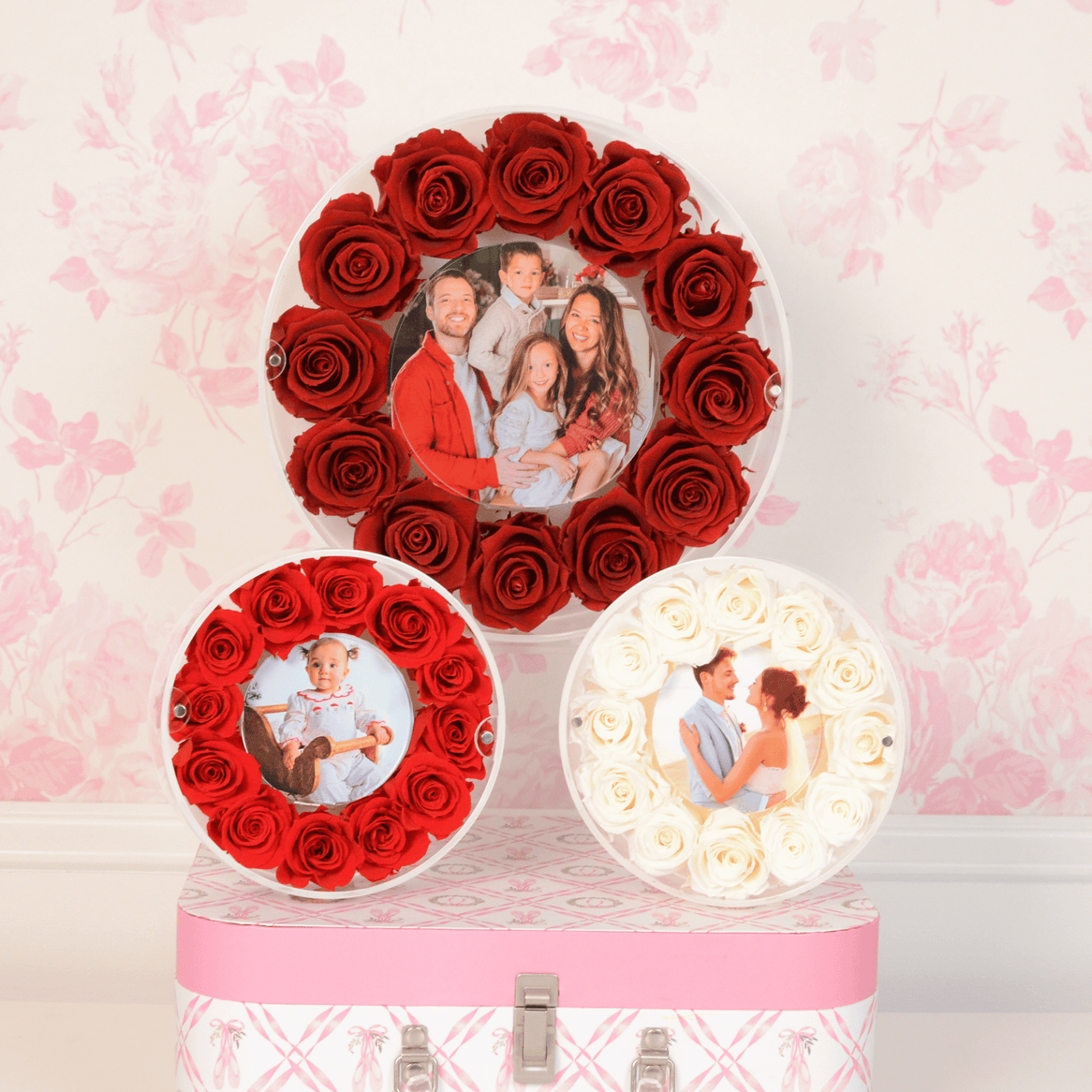 Custom baby photo gift with preserved pink roses