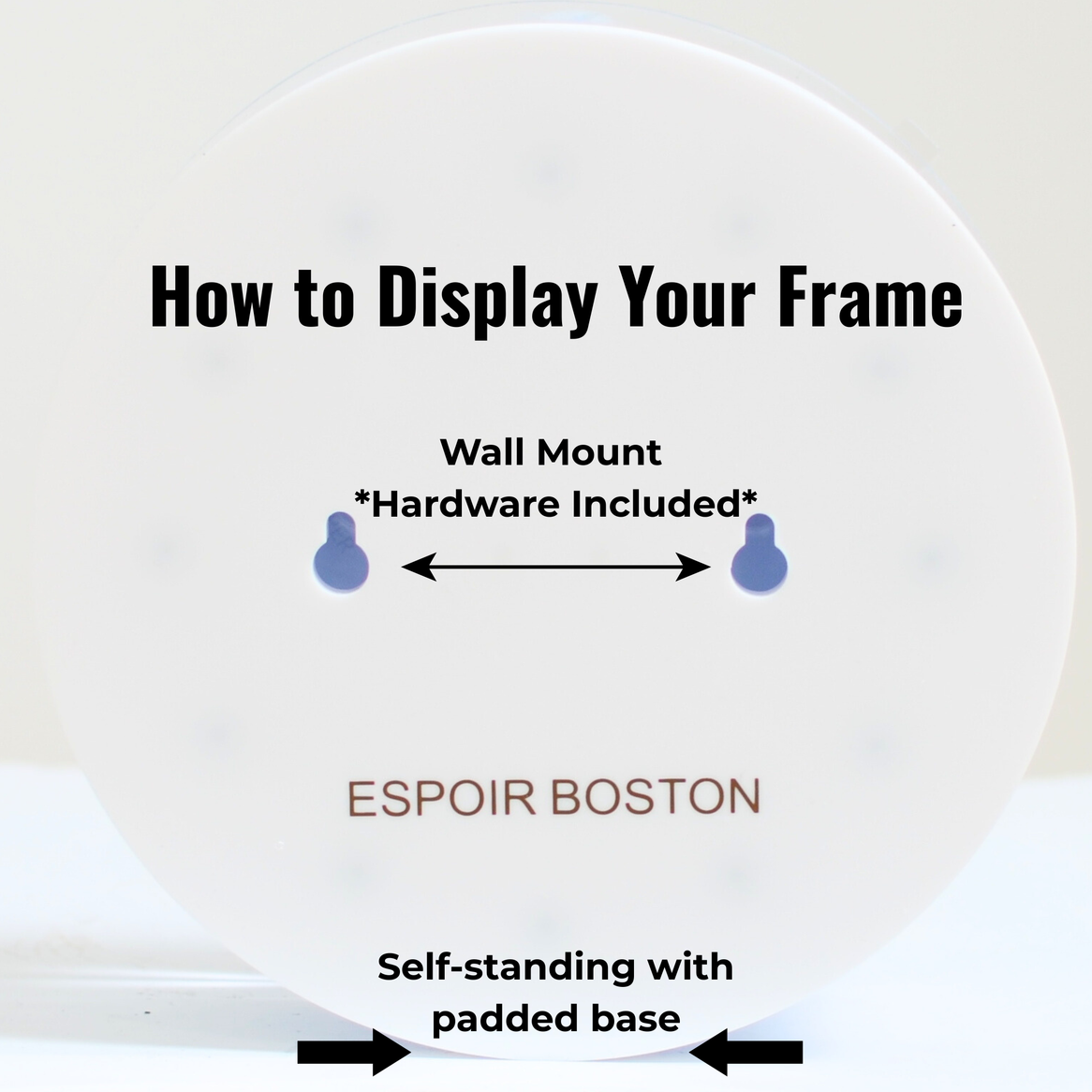 Instructions on displaying a frame with wall mount and self-standing options, featuring 'ESPOIR BOSTON' branding.