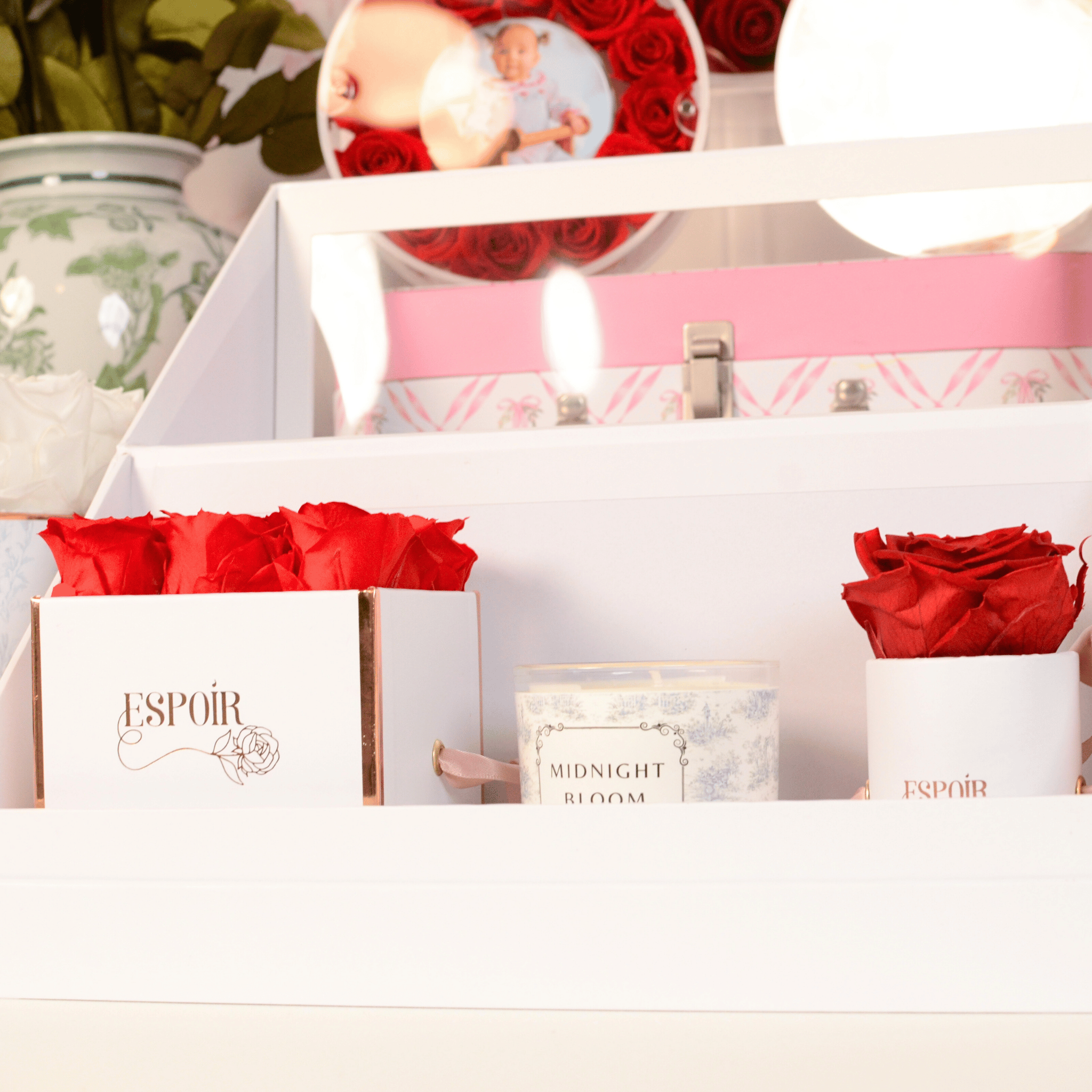Nine red Ecuadorian infinity roses in luxury white gift box