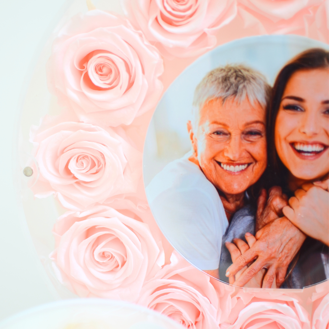 Original close-up photograph of blush preserved roses and the photo insert in a large Halo frame
