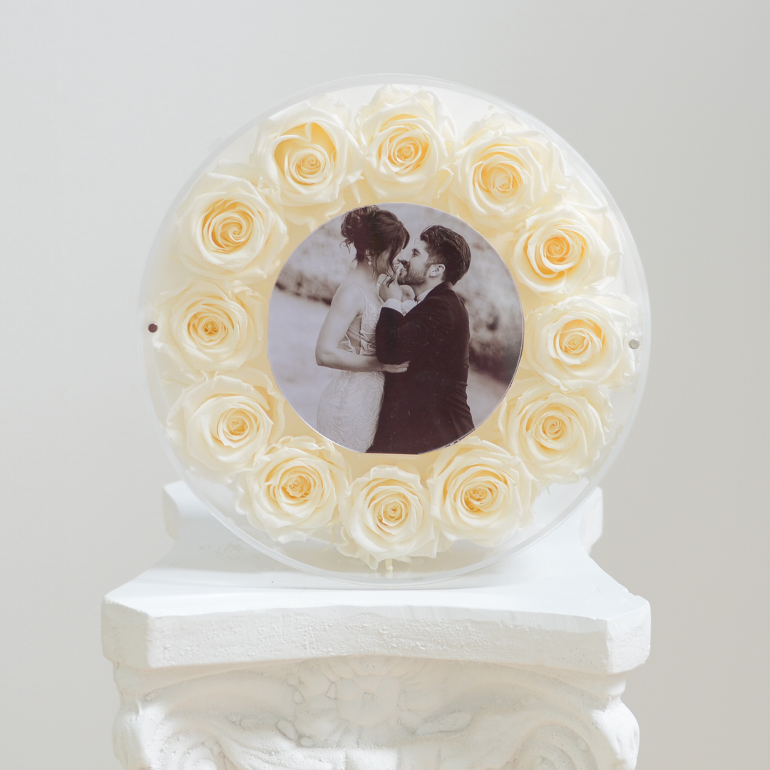 Original photograph of the cream large Halo preserved rose frame, front view on a white pedestal