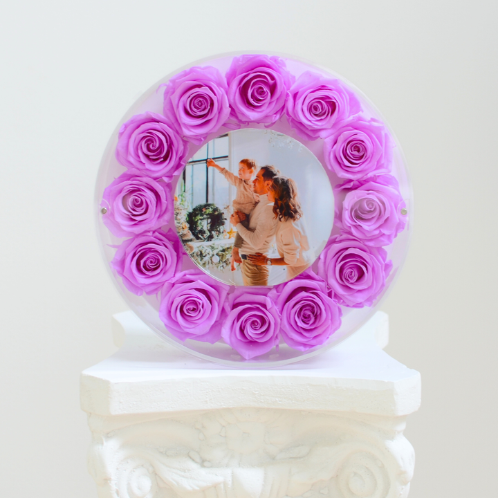 Original photograph of the lilac large Halo preserved rose frame, front view on a white pedestal
