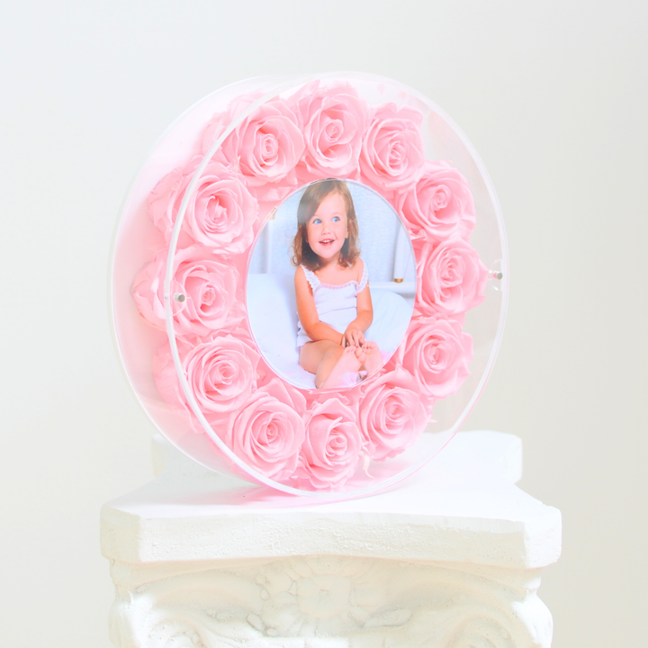 Original photograph of the pink large Halo preserved rose frame, angle view on a white pedestal