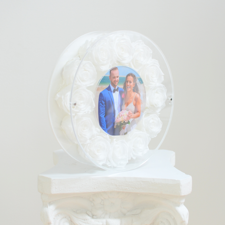 Original photograph of the white large Halo preserved rose frame, angle view on a white pedestal