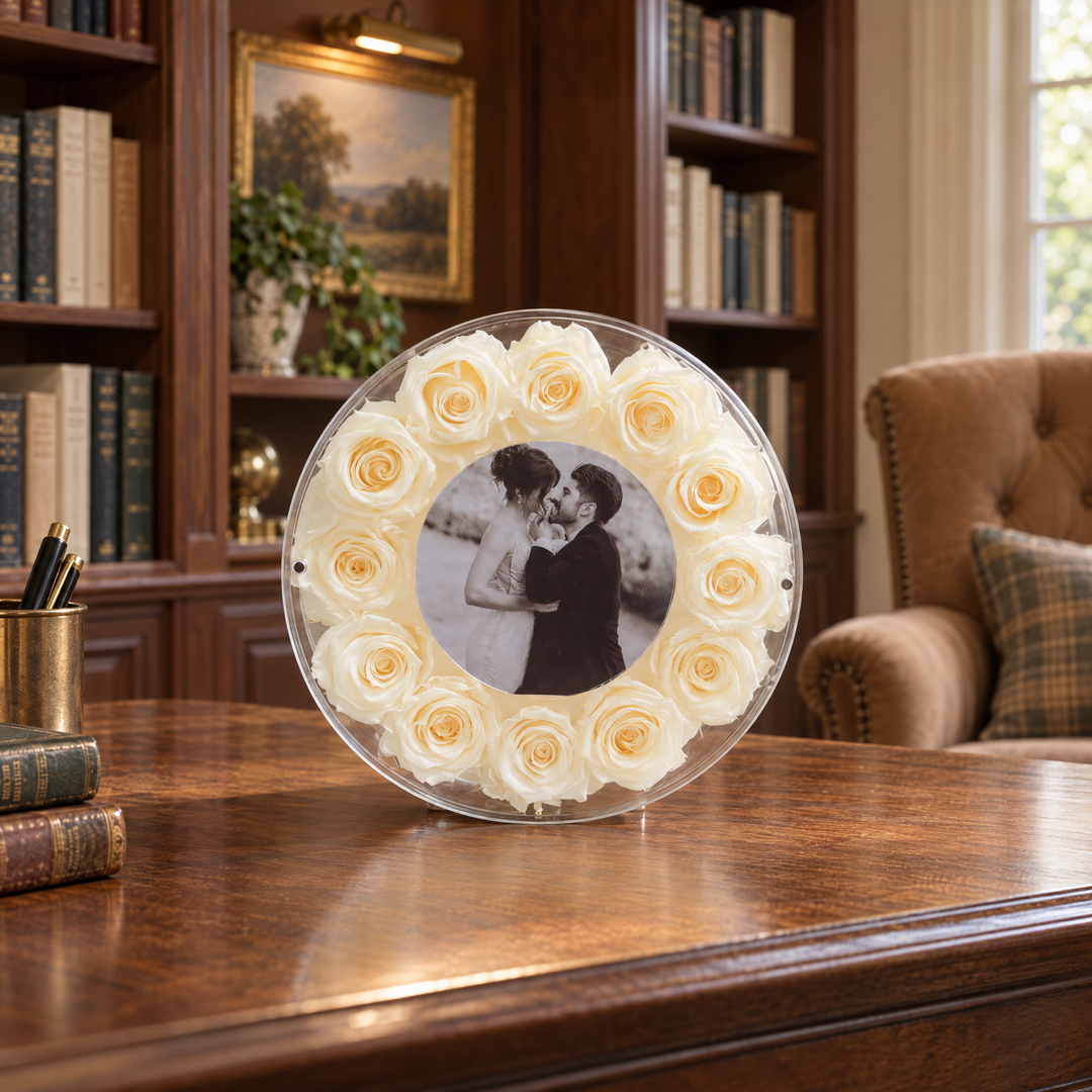 Cream large Halo preserved rose photo frame, front view, standing on a wood desk