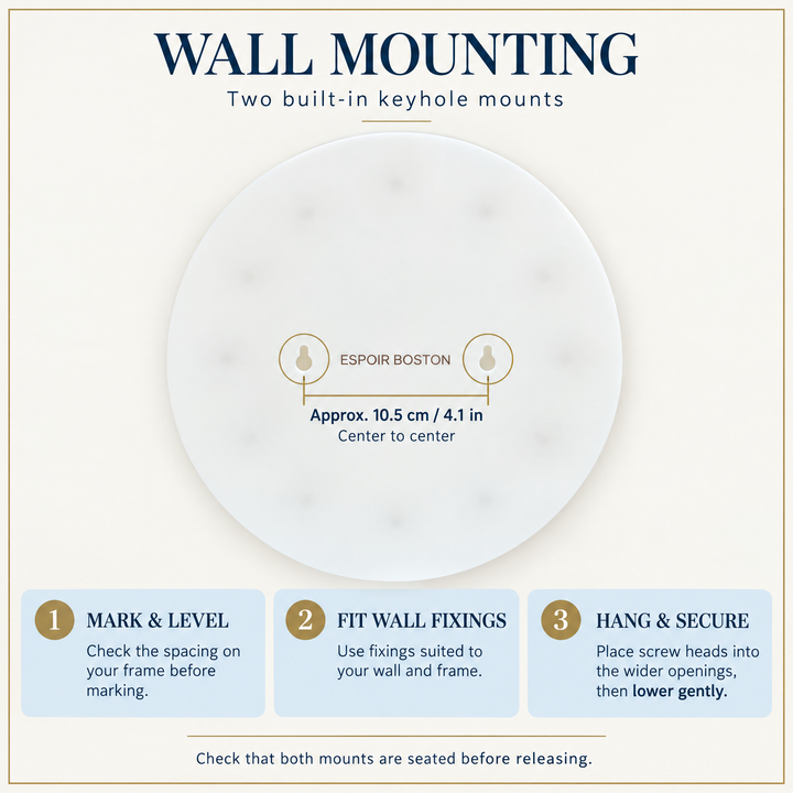 Large Halo wall mounting guide: two built-in keyhole mounts approximately 10.5 cm apart, center to center