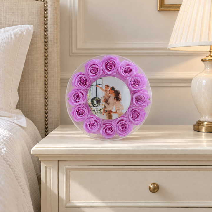 Lilac large Halo preserved rose photo frame, front view, standing on furniture