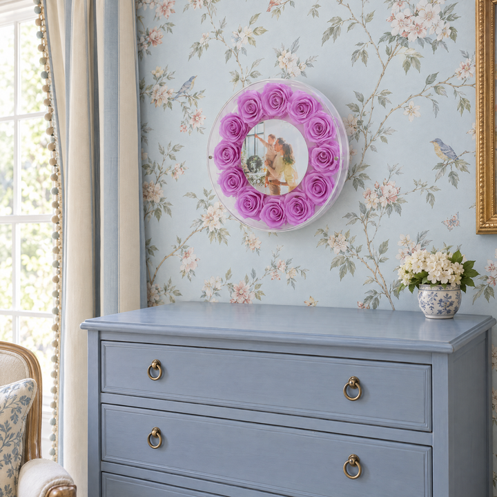 Lilac large Halo preserved rose photo frame, angled view, wall mounted