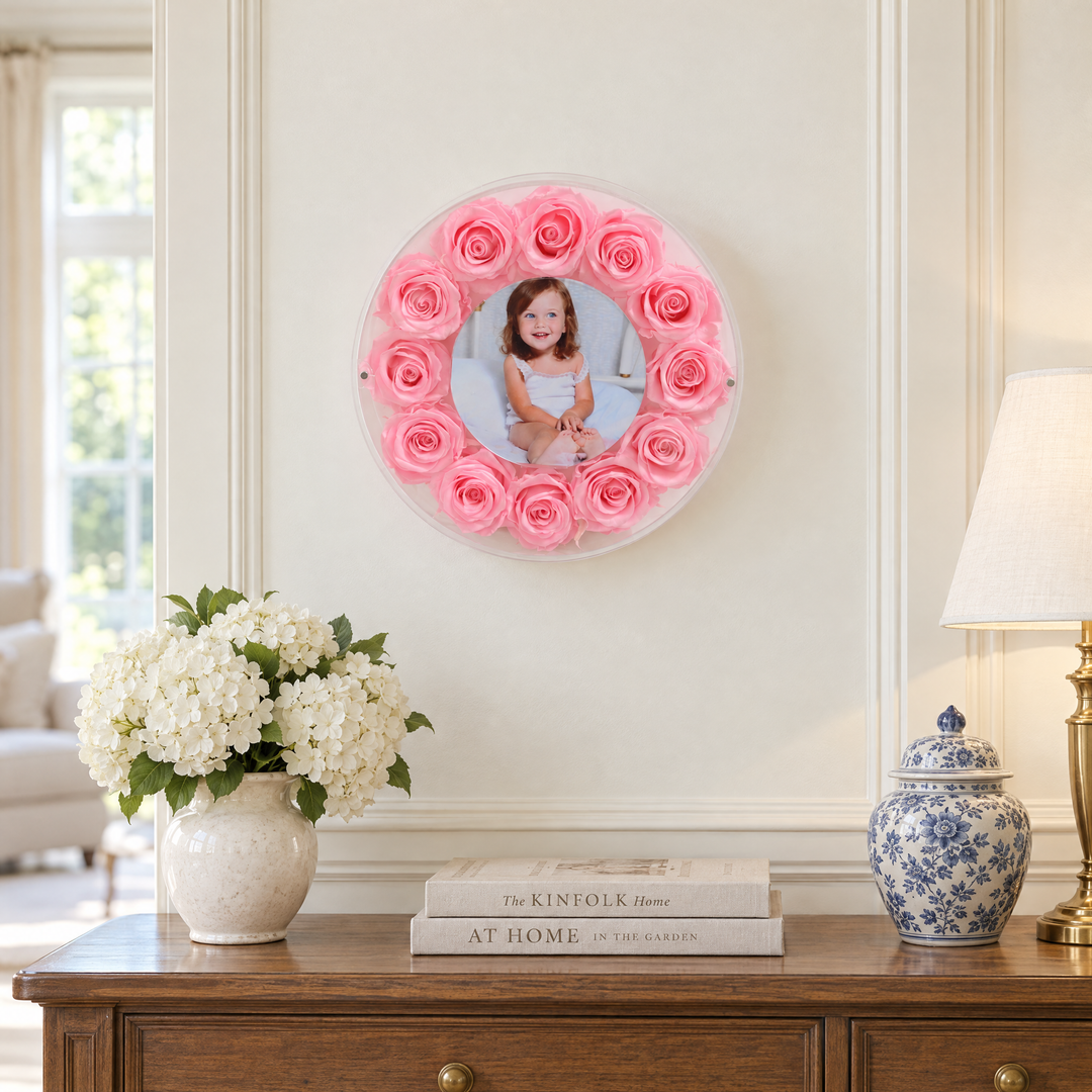 Pink large Halo preserved rose photo frame, front view, wall mounted