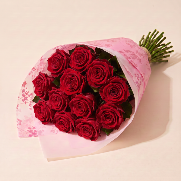 Dozen preserved roses in pink floral wrap - Red