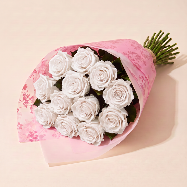 Dozen preserved roses in pink floral wrap - White