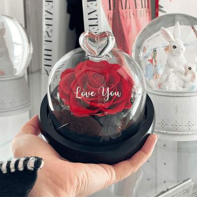 Red Preserved Rose in Heart Tipped Glass Dome