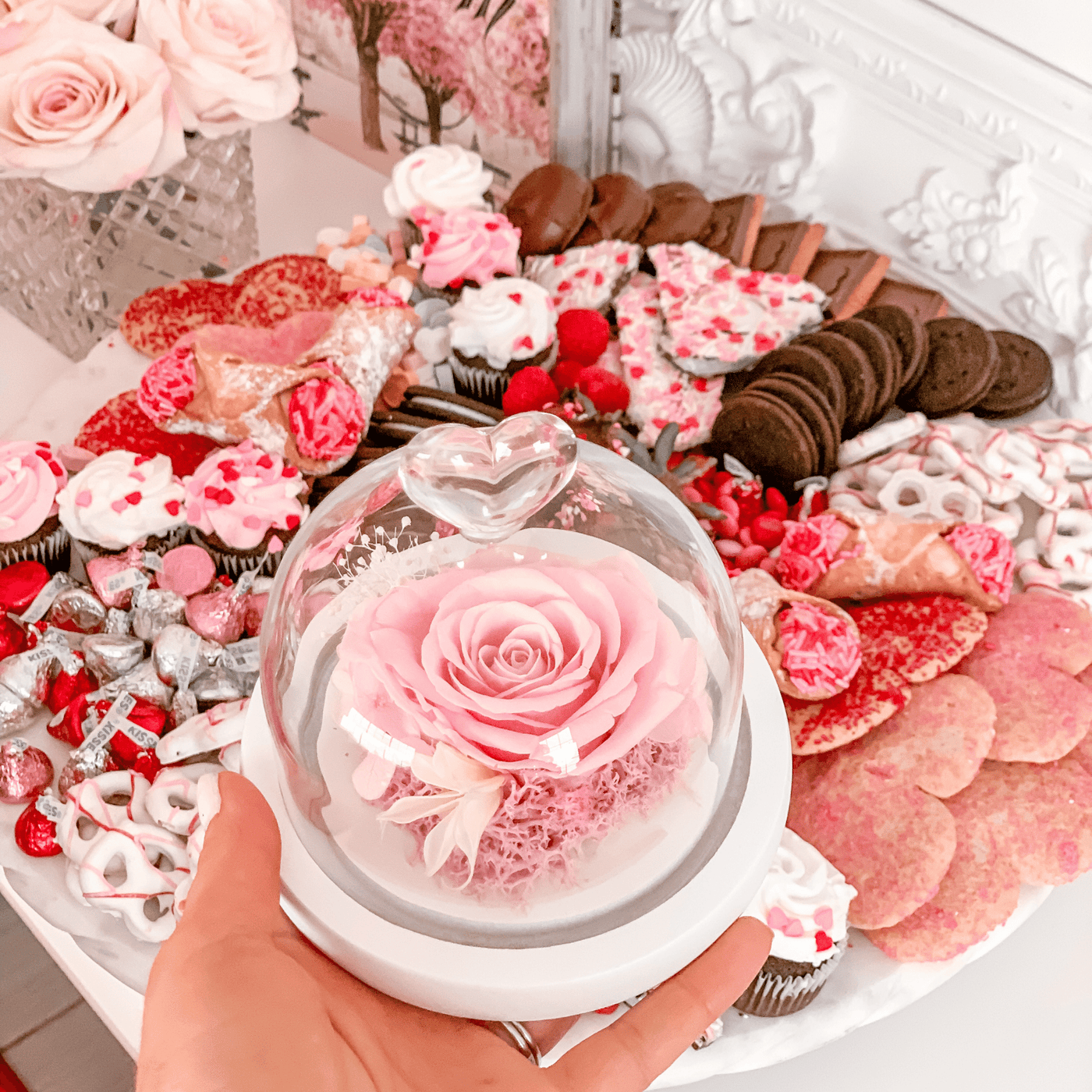 Pink Preserved Rose in Heart Tipped Glass Dome